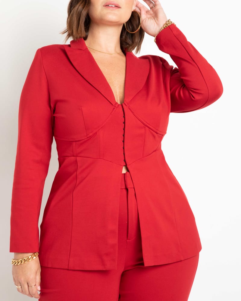 Front of a model wearing a size 14 Iris Corset Blazer in Emboldened by ELOQUII. | dia_product_style_image_id:236705